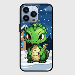 Чехол для iPhone 13 Pro Маленький зеленый новогодний дракон на фоне снега, цвет: 3D-черный