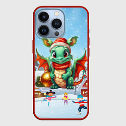 Чехол для iPhone 13 Pro Милый маленький дракон новогодний в зимнем дворе, цвет: 3D-красный
