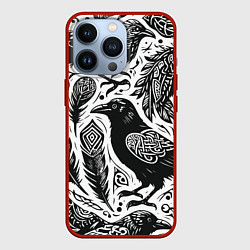 Чехол для iPhone 13 Pro Черные вороны руны паттерн, цвет: 3D-красный