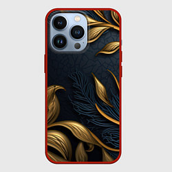 Чехол для iPhone 13 Pro Лепнина объемные золотые узоры на темном синем фон, цвет: 3D-красный