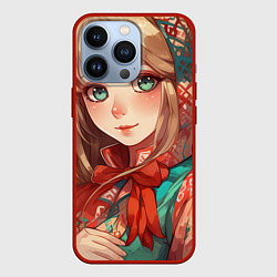 Чехол для iPhone 13 Pro Русская девушка в аниме стиле в платке и с плюшево, цвет: 3D-красный