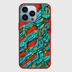 Чехол для iPhone 13 Pro Голубые фрагменты на красном фоне, цвет: 3D-красный