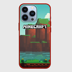 Чехол для iPhone 13 Pro Minecraft logo горы и озеро, цвет: 3D-красный