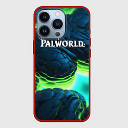 Чехол для iPhone 13 Pro Palworld логотип на ярких синих и зеленых неоновых, цвет: 3D-красный