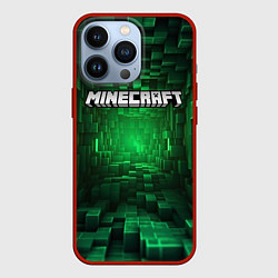 Чехол для iPhone 13 Pro Minecraft logo зеленые плитки, цвет: 3D-красный