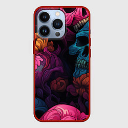 Чехол для iPhone 13 Pro Яркие цветы с черепами, цвет: 3D-красный