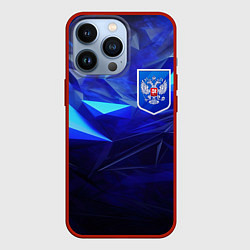 Чехол для iPhone 13 Pro Герб России на синей абстракции, цвет: 3D-красный