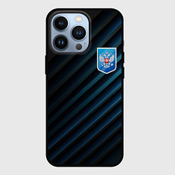 Чехол для iPhone 13 Pro Синяя абстракция и герб России, цвет: 3D-черный