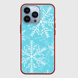 Чехол для iPhone 13 Pro Снежинки на голубом фоне, цвет: 3D-красный