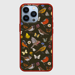 Чехол для iPhone 13 Pro Птицы и бабочки с цветами паттерн, цвет: 3D-красный