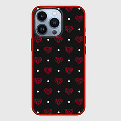 Чехол для iPhone 13 Pro Красные сердечки и белые точки на черном, цвет: 3D-красный