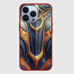 Чехол для iPhone 13 Pro Темная кожаная броня с желтой оплеткой, цвет: 3D-красный