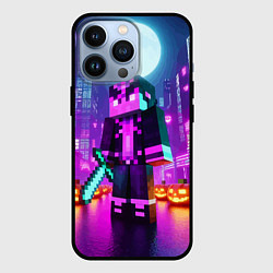 Чехол для iPhone 13 Pro Чувак с мечом в неоновом городе - Майнкрафт, цвет: 3D-черный