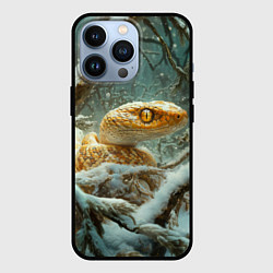 Чехол для iPhone 13 Pro Золотистая змея в зимнем лесу, цвет: 3D-черный
