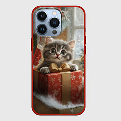 Чехол для iPhone 13 Pro Новогодний котенок и подарок, цвет: 3D-красный