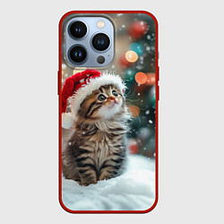 Чехол для iPhone 13 Pro Новогодний котенок и снег, цвет: 3D-красный