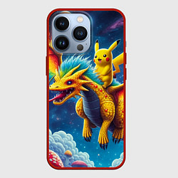 Чехол для iPhone 13 Pro Pikachu on a fabulous dragon - neon glow, цвет: 3D-красный