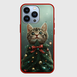 Чехол для iPhone 13 Pro Котик - новогодняя елочка, цвет: 3D-красный