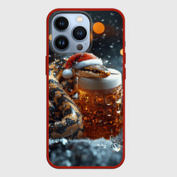 Чехол для iPhone 13 Pro Новогодняя змея и кружка пива, цвет: 3D-красный