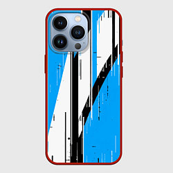 Чехол для iPhone 13 Pro Чёрно-белые вертикальные полосы на синем фоне, цвет: 3D-красный