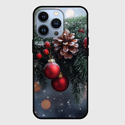 Чехол для iPhone 13 Pro Красные игрушки на елке и шишки, цвет: 3D-черный