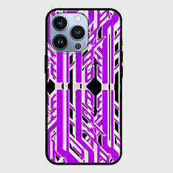 Чехол для iPhone 13 Pro Бело-фиолетовые техно полосы на чёрном фоне, цвет: 3D-черный