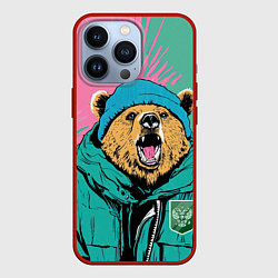 Чехол для iPhone 13 Pro Злой медведь в зимней одежде, цвет: 3D-красный