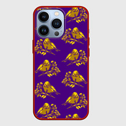 Чехол для iPhone 13 Pro Золотые птички на индиго, цвет: 3D-красный