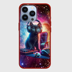 Чехол для iPhone 13 Pro Котёнок в наушниках с мышкой в космосе, цвет: 3D-красный