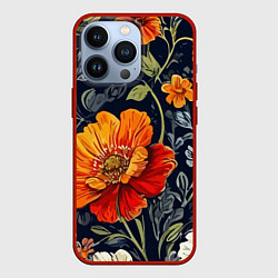 Чехол для iPhone 13 Pro Маки и пионы старинный паттерн, цвет: 3D-красный