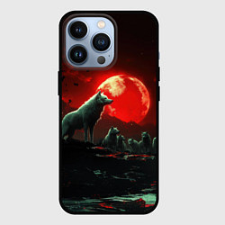 Чехол для iPhone 13 Pro Белый волк на фоне красной луны, цвет: 3D-черный