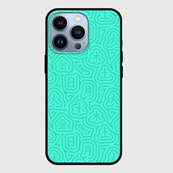 Чехол для iPhone 13 Pro Лабиринтовый паттерн с иероглифами на бирюзе, цвет: 3D-черный
