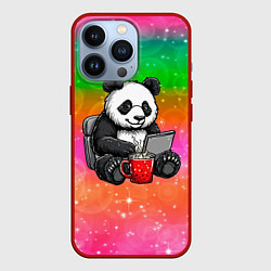 Чехол для iPhone 13 Pro Панда с кофе за ноутом, цвет: 3D-красный