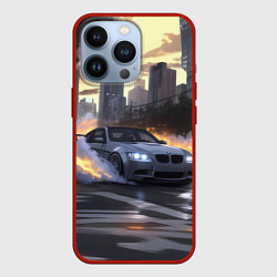 Чехол для iPhone 13 Pro БМВ в вечернем городе, цвет: 3D-красный