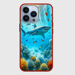 Чехол для iPhone 13 Pro Белая акула в коралловом рифе, цвет: 3D-красный