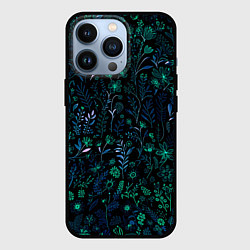 Чехол для iPhone 13 Pro Чёрный в сине-зелёный цветочек, цвет: 3D-черный