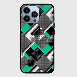 Чехол для iPhone 13 Pro Черно бирюзовая абстрактная геометрия пэчворк, цвет: 3D-черный
