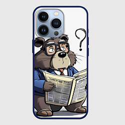 Чехол для iPhone 13 Pro Бобр - интеллигент с газетой, цвет: 3D-тёмно-синий