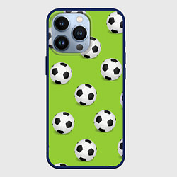 Чехол для iPhone 13 Pro Футбольные мячи на зеленом, цвет: 3D-тёмно-синий