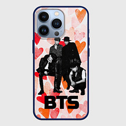 Чехол для iPhone 13 Pro BTS на фоне сердечек, цвет: 3D-тёмно-синий