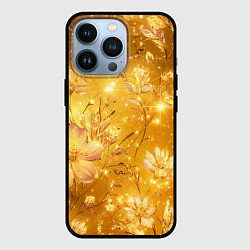 Чехол для iPhone 13 Pro Цветочный золотой с искрами, цвет: 3D-черный