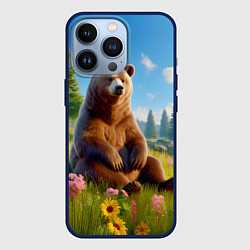 Чехол для iPhone 13 Pro Русский мишка сидит на траве, цвет: 3D-тёмно-синий