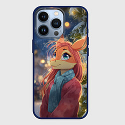 Чехол для iPhone 13 Pro Рыжая лошадка на фоне Нового года, цвет: 3D-тёмно-синий