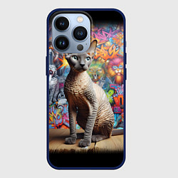Чехол для iPhone 13 Pro Коша породы Корниш-рекс на фоне граффити, цвет: 3D-тёмно-синий