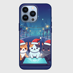 Чехол для iPhone 13 Pro Новогодние котики с планшетом, цвет: 3D-тёмно-синий