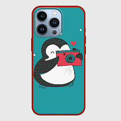 Чехол для iPhone 13 Pro Пингвин с фотоаппаратом, цвет: 3D-красный