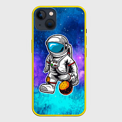 Чехол для iPhone 14 Plus Космонавт играет планетой, цвет: 3D-желтый
