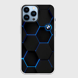 Чехол для iPhone 14 Pro Max BMW blue neon theme, цвет: 3D-белый