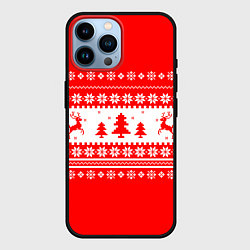 Чехол для iPhone 14 Pro Max КРАСНО-БЕЛЫЙ СВИТЕР С ОЛЕНЯМИ, цвет: 3D-черный