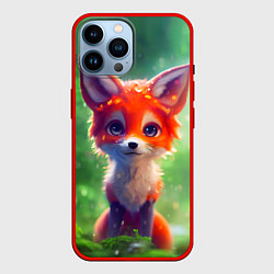 Чехол для iPhone 14 Pro Max Рыжий лисенок под лесным дождем, цвет: 3D-красный